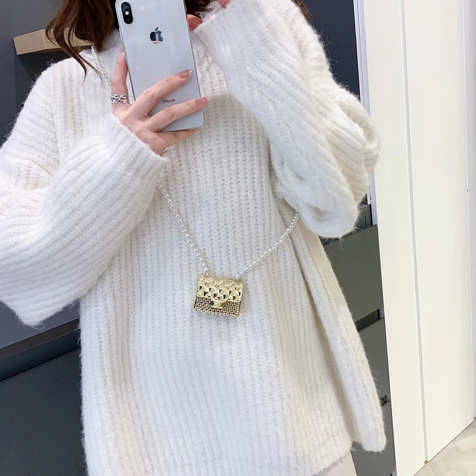 Mini dinner bags for women fashionable metal small box bag designer pearl chain shoulder bag clothing accessories crossbody bag