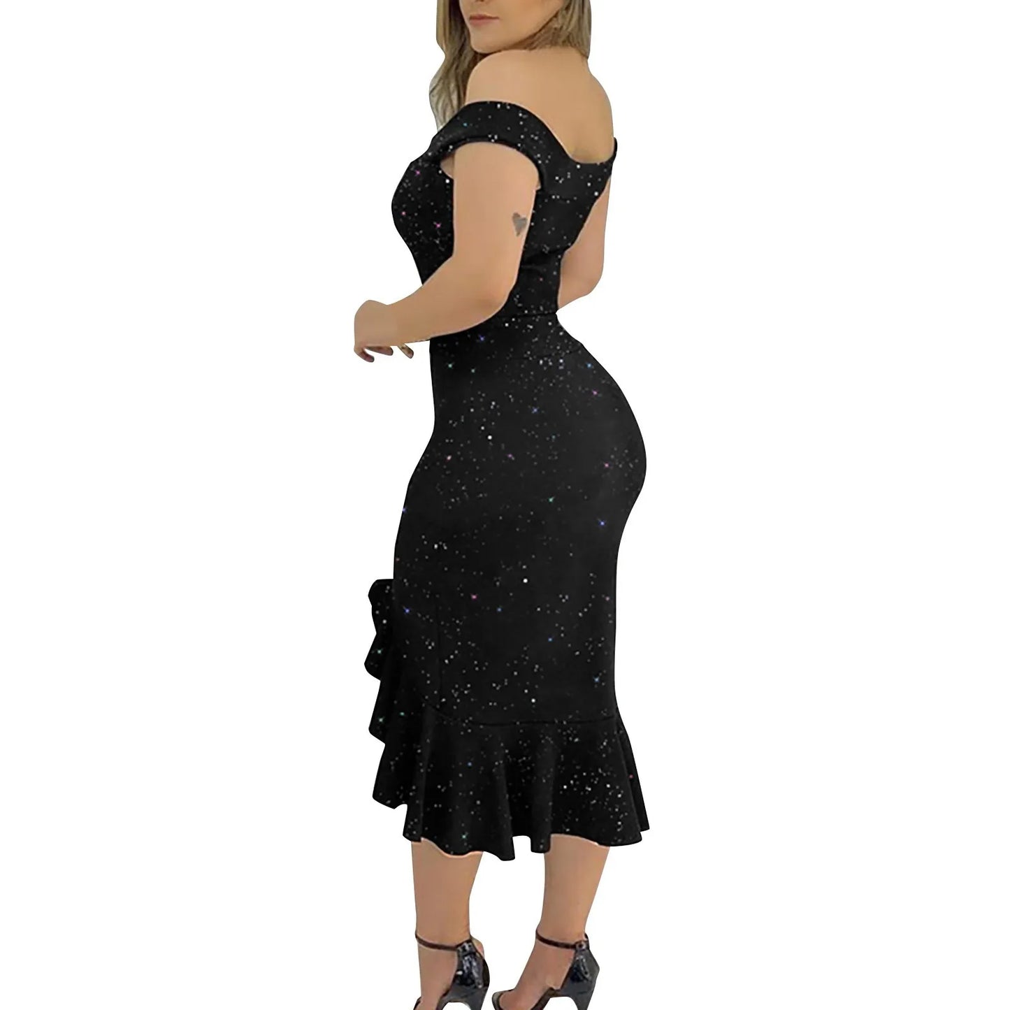 Women's Fashion Sexy Summer Off Shoulder  Short Sleeve Sequin Ruffle Irregular Dresses elegant women's dresses for party 2024