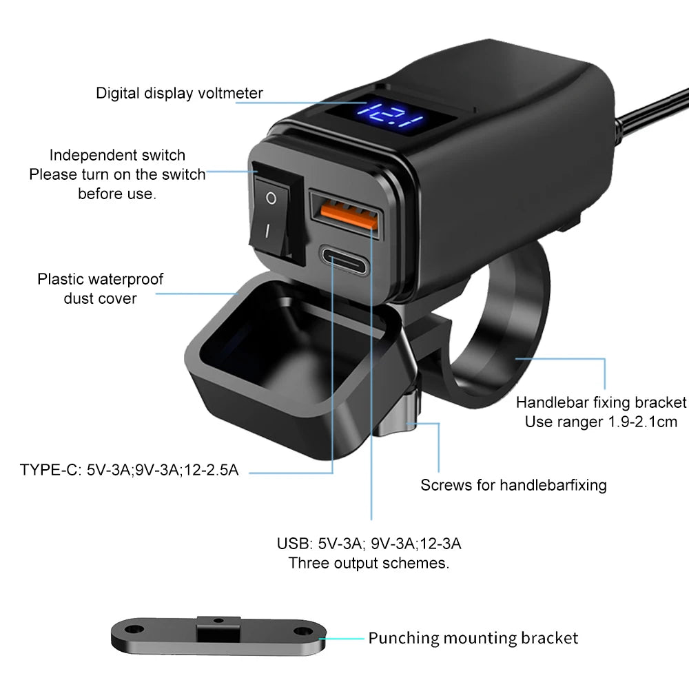 60W Motorcycle USB Fast Charger PD QC3.0 Power Supply Adapter Handlebar Dual USB Socket Waterproof with Switch Voltmeter