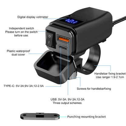 60W Motorcycle USB Fast Charger PD QC3.0 Power Supply Adapter Handlebar Dual USB Socket Waterproof with Switch Voltmeter