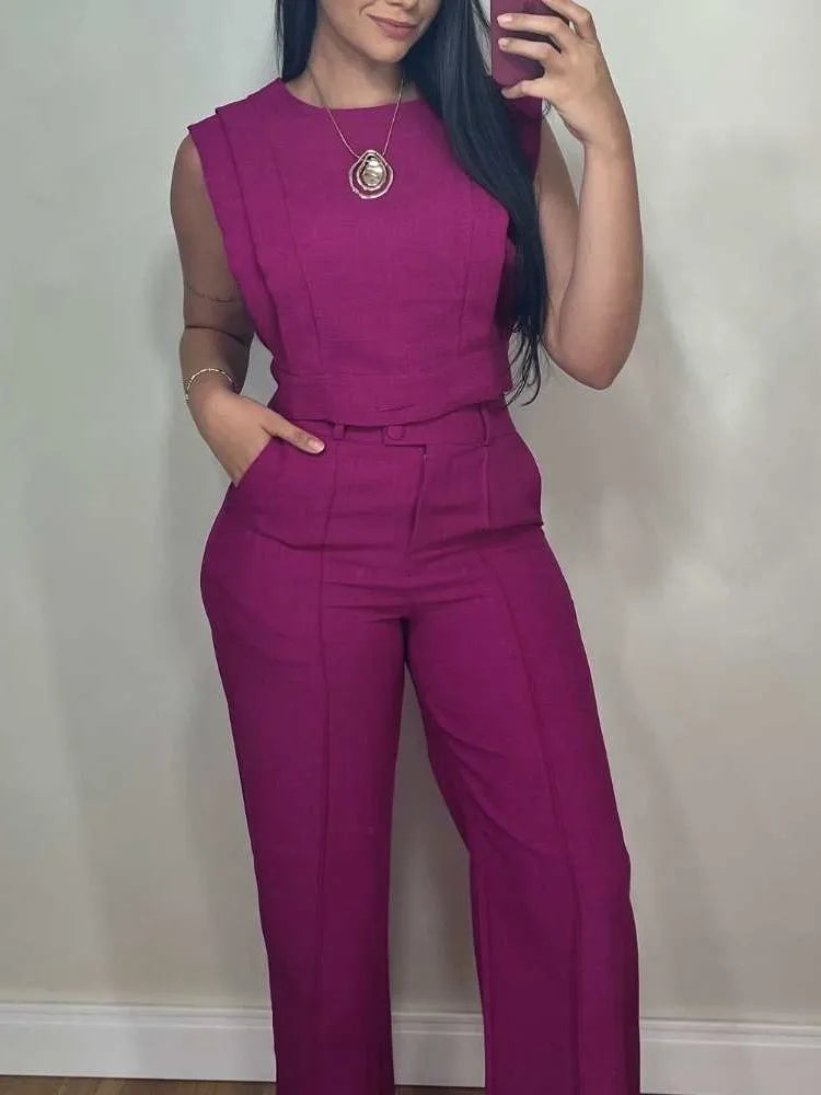2026 Casual Solid Color Commuting Suit Spring And Summer New Fashion Sleeveless Loose Top With Straight Trousers Two-piece Set