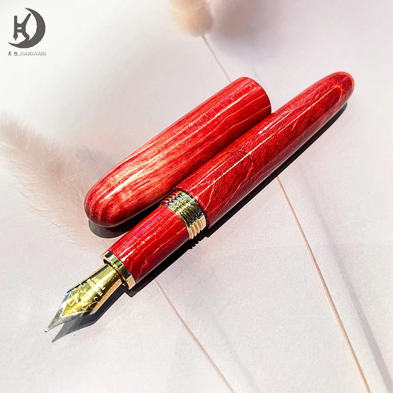 Natural Stabilized Wood Fountain Pen, Fine Nib Carving Handcraft Pen with Converter (Grass Green/Red/Blue)