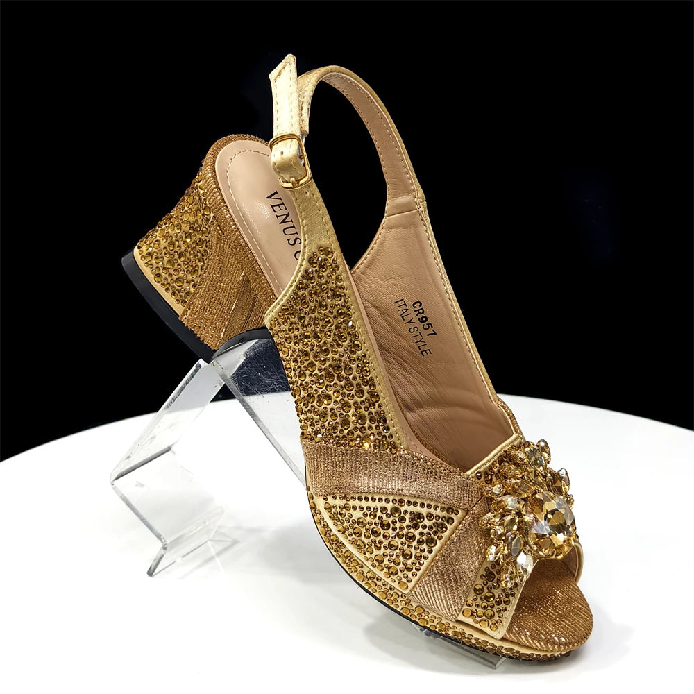 2025 Elegant Green Peep-Toe Heel Pumps for Women with Diamond Accents - Italian Matching Shoes and Bags Set for Parties