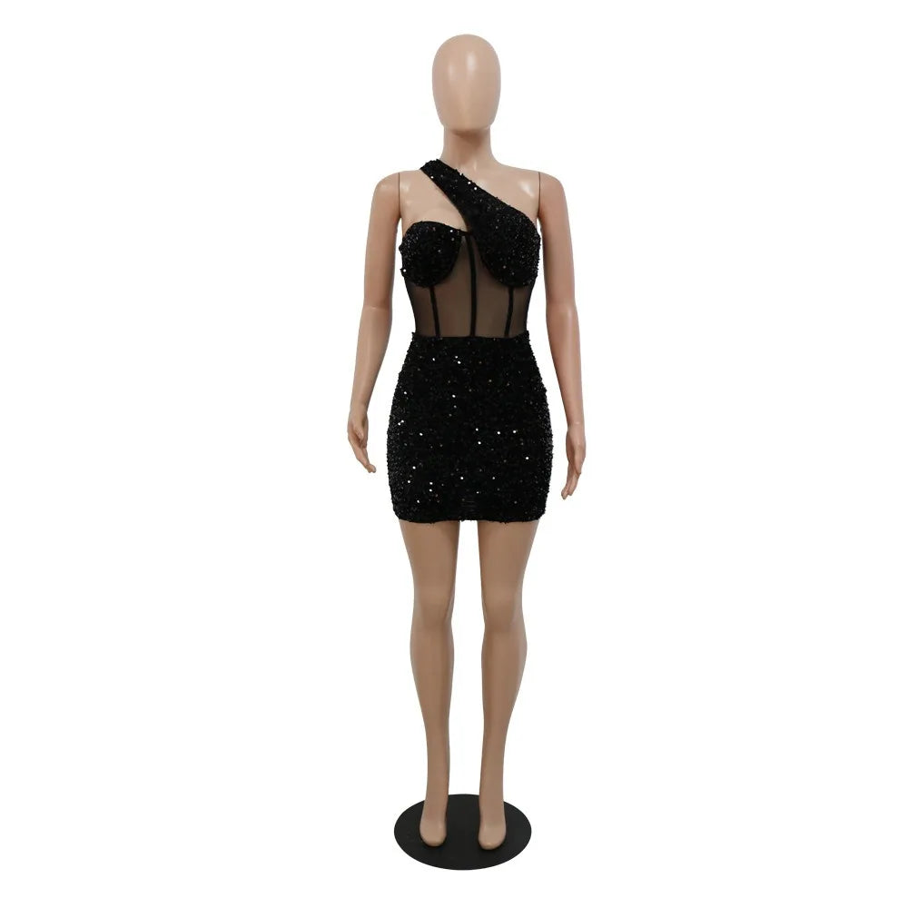 HLJ Fashion Sequin Splicing Hollow One Shoulder Party Club Mini Dresses Women Sleeveless Backless Slim Vestidos Sexy Clothing