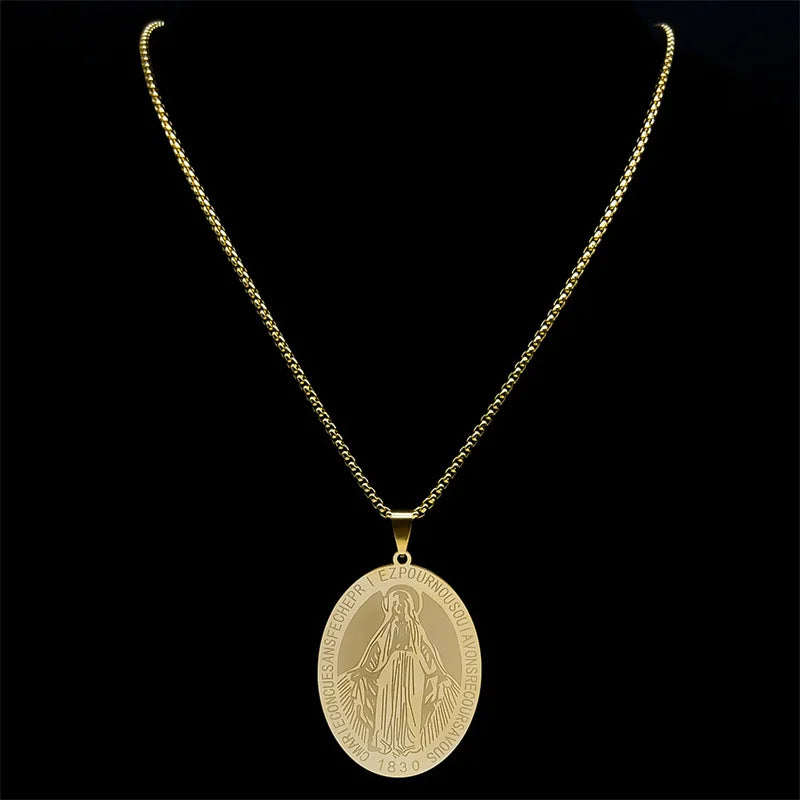 1830 Our Lady of Miraculous Medal Necklace for Women Men Stainless Steel Gold Color Virgin Mary Male Chain Jewelry NZZZ492S02