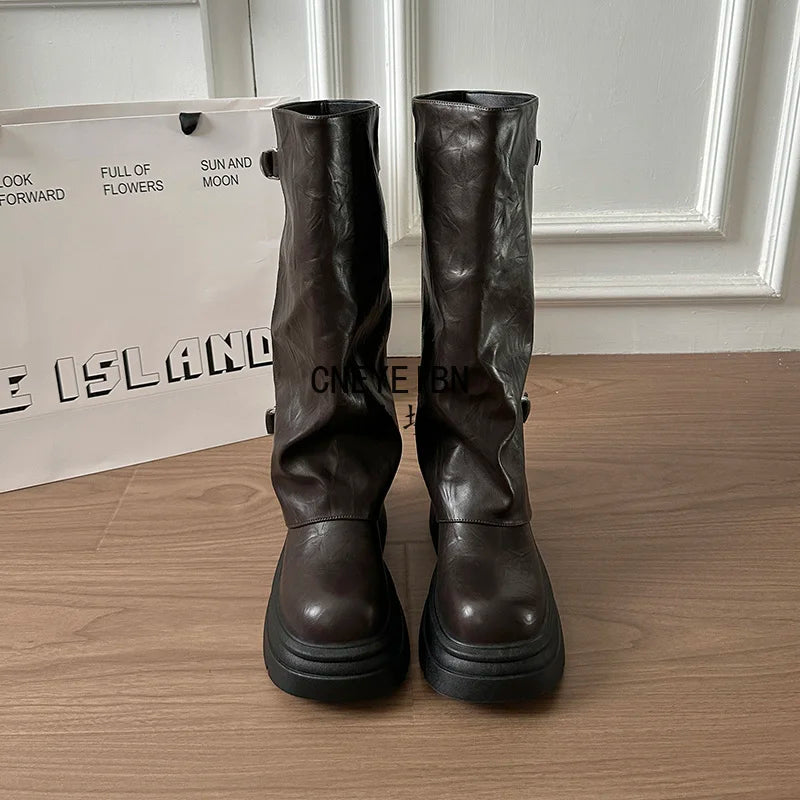 Women Double Buckle Slouch Knee High Boots Round Toe Platform Thick Sole Leather Tall Boots Street Casual Daily Ladies Boots