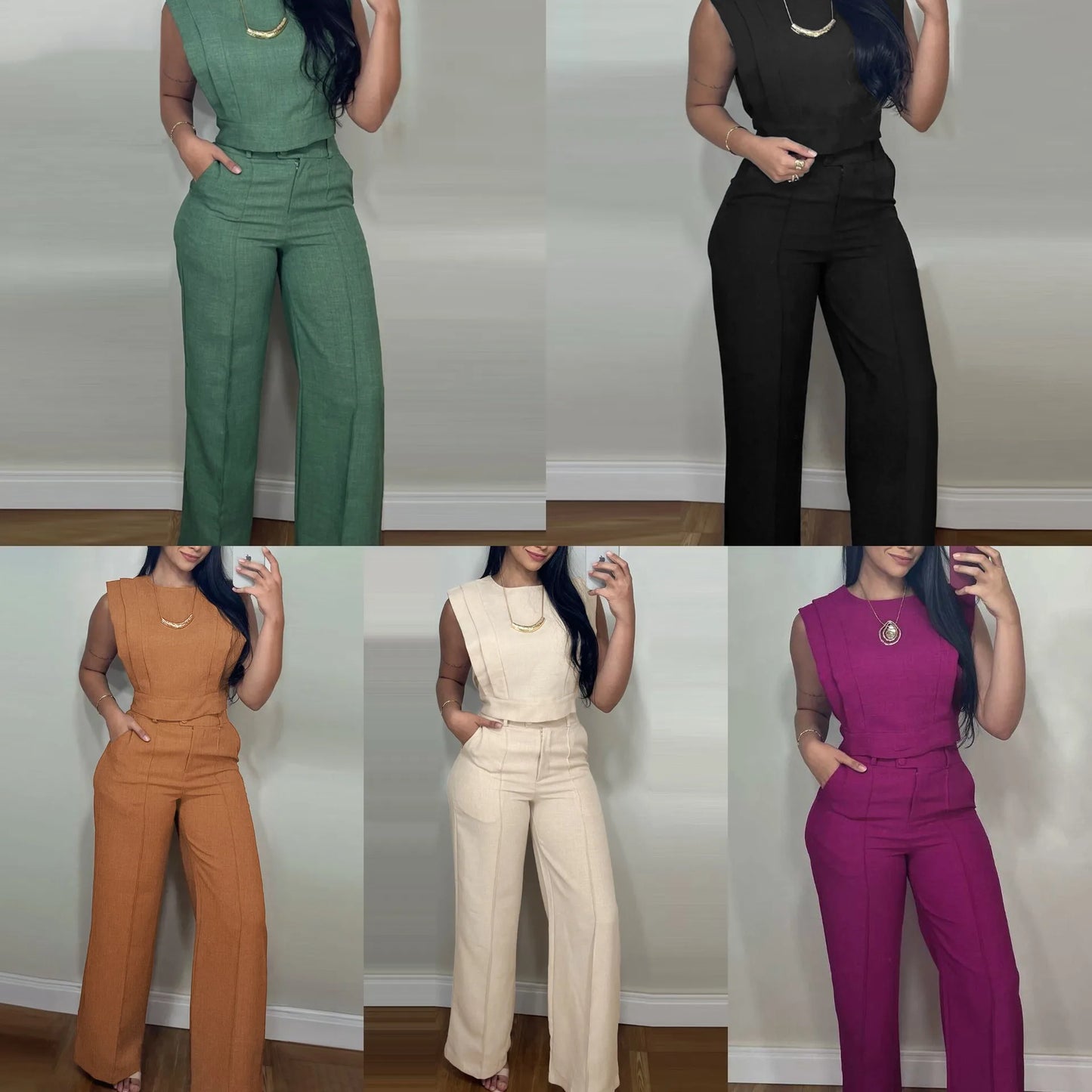2026 Casual Solid Color Commuting Suit Spring And Summer New Fashion Sleeveless Loose Top With Straight Trousers Two-piece Set