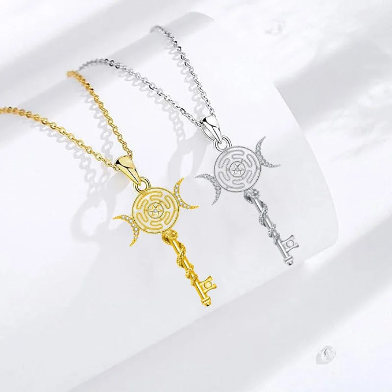 Hekate Wheel Necklace for Women Men 18K Gold Plated Snake Key Triple Moon Goddes Pendant Necklaces Pagan Jewelry