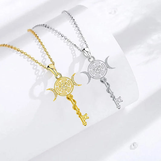 Hekate Wheel Necklace for Women Men 18K Gold Plated Snake Key Triple Moon Goddes Pendant Necklaces Pagan Jewelry