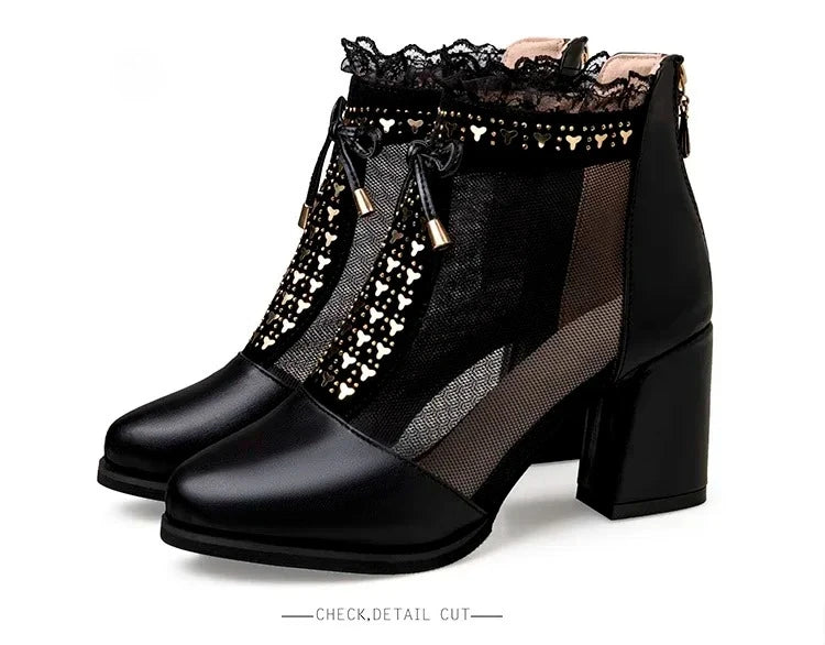 2025 Elegant High Heels Mesh Bow Summer Shoes High Heel Women Sandals Fish Mouth Black Leather Sandal Ankle Boots Luxury Fashion