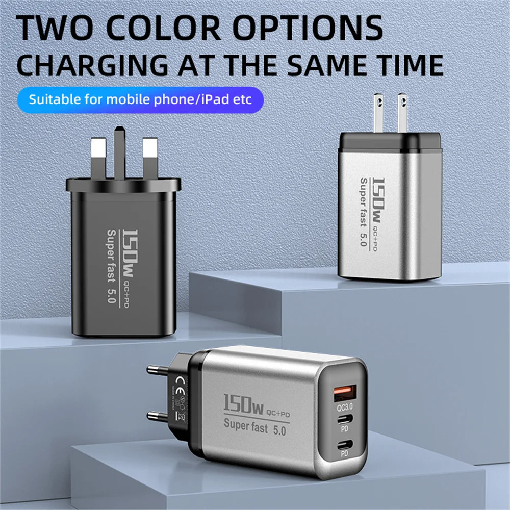 150W USB Type C Charger USB QC3.0 Fast Charging Mobile Phone Charger Travel Adapter For iPhone 17 Samsung Xiaomi EU/UK/US Plug