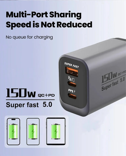 USB Type C 150W Charger USB QC3.0 Fast Charging Mobile Phone Charger Travel Adapter For iPhone 17 Samsung Xiaomi EU/UK/US Plug