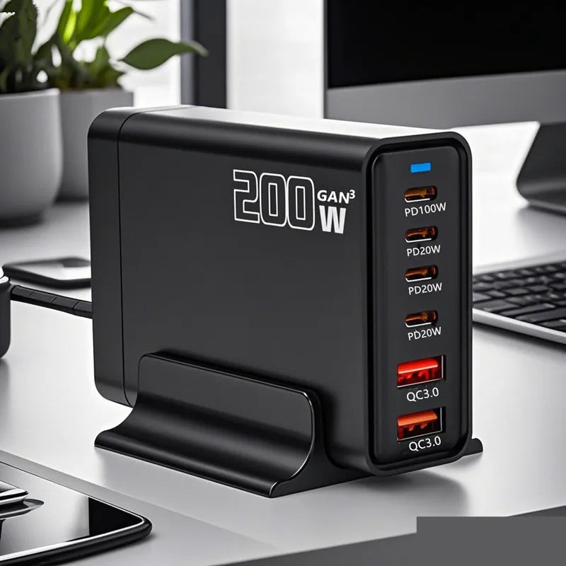200W Desktop USB C Quick Charger GaN PD Fast Chager 6 port Mobile Charging Adapter For Laptop iPhone 17 16 15 Samsung Xiaomi﻿﻿