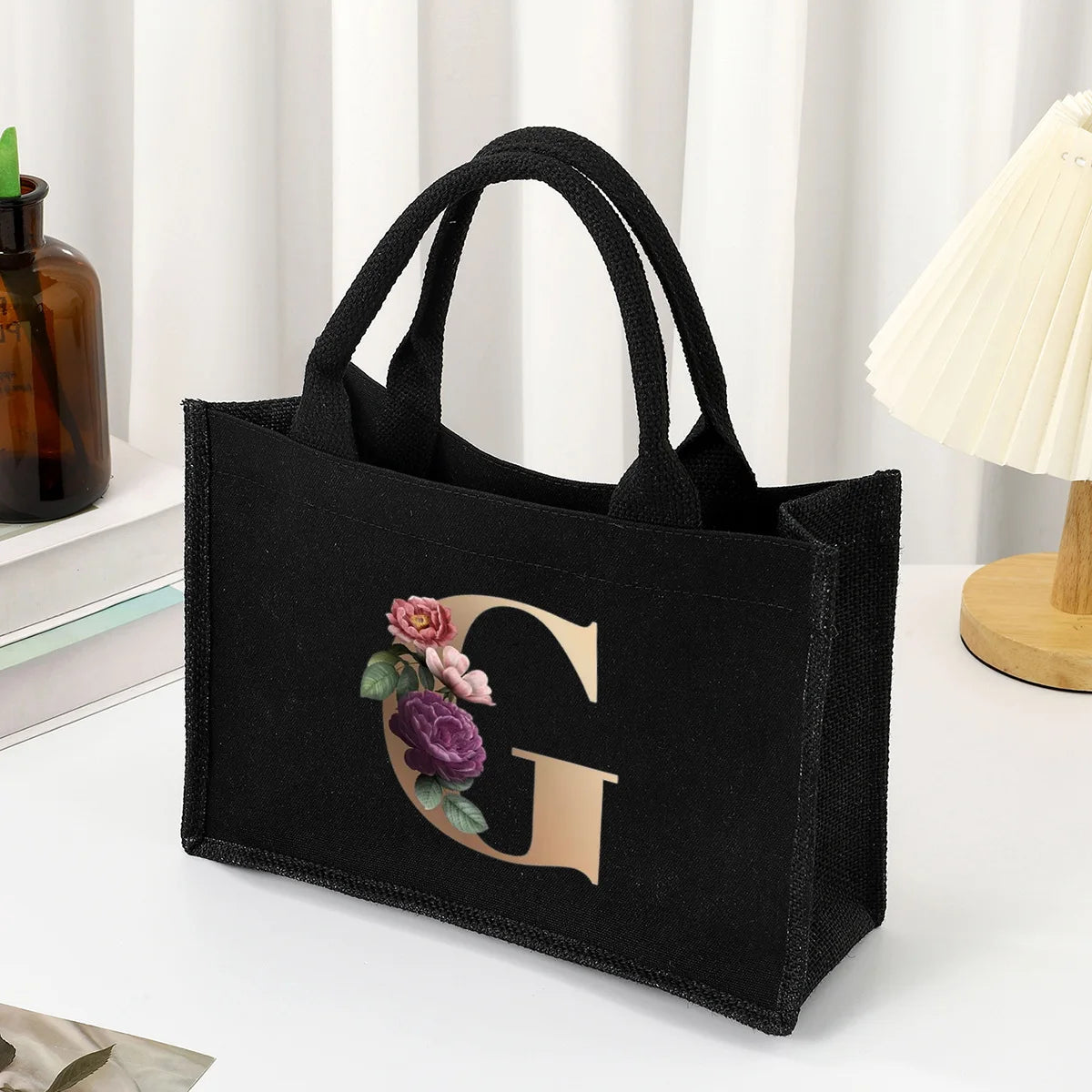Black hand-held canvas bag, 26 letter printed women's handbag, large capacity portable leisure beach bag, indoor waterproof