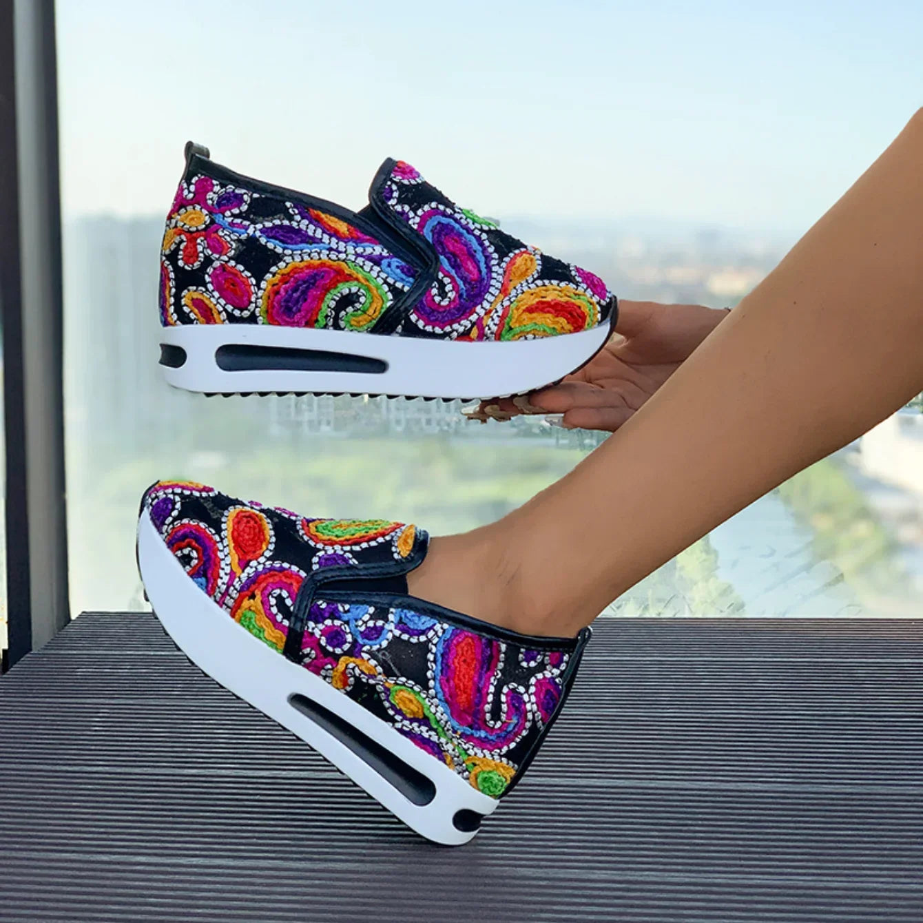Women's Sneakers Rainbow Embroidered Platform Shoes for Women Breathable Mesh Loafers Lightweight Slip On Casual Shoes Plus Size