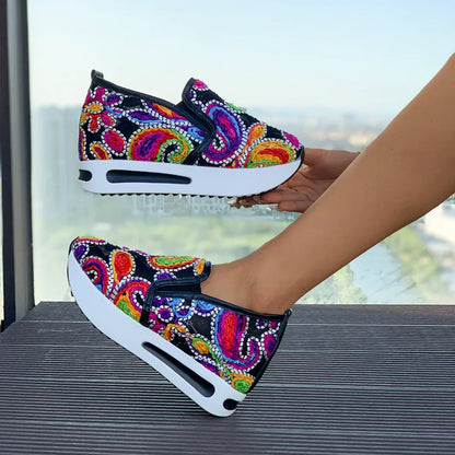 Women's Sneakers Rainbow Embroidered Platform Shoes for Women Breathable Mesh Loafers Lightweight Slip On Casual Shoes Plus Size