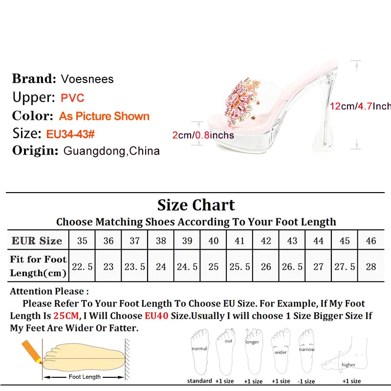 Women Rhinestone Slippers Summer Outside High Heels 2024 New Square Toe Thick Platform Sandals Transparent Shoes Size 43 Mules