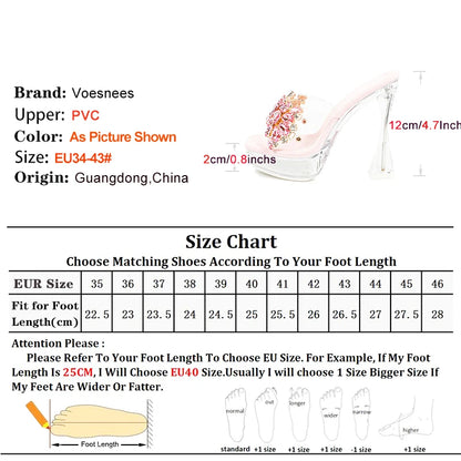 Women Rhinestone Slippers Summer Outside High Heels 2024 New Square Toe Thick Platform Sandals Transparent Shoes Size 43 Mules