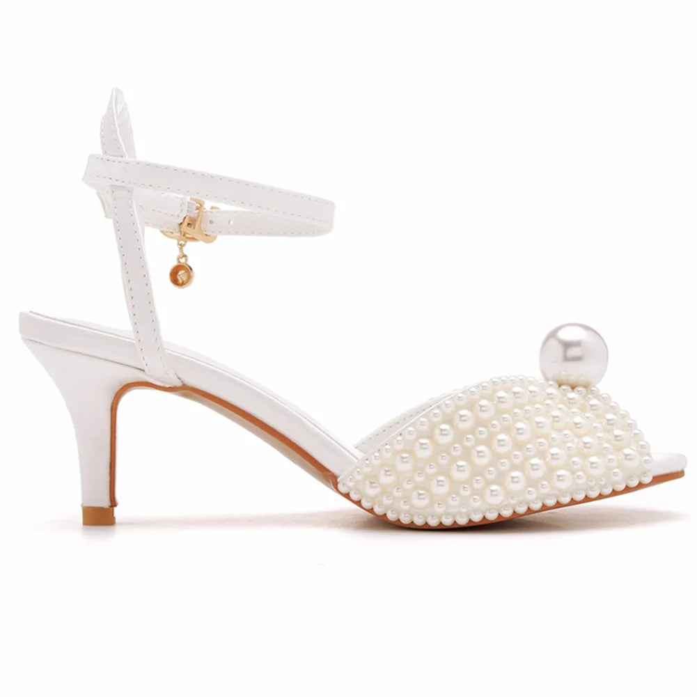 Maogu 6cm Fish Mouth High Heeled Sandals Buckle Wedding Bride Luxury Designer Shoes Heels Pearl Sandal Ladies Shoe Large Size 43
