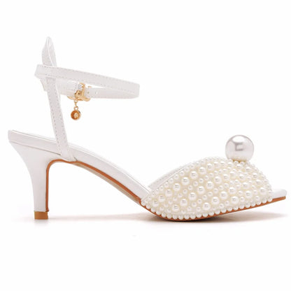 Maogu 6cm Fish Mouth High Heeled Sandals Buckle Wedding Bride Luxury Designer Shoes Heels Pearl Sandal Ladies Shoe Large Size 43