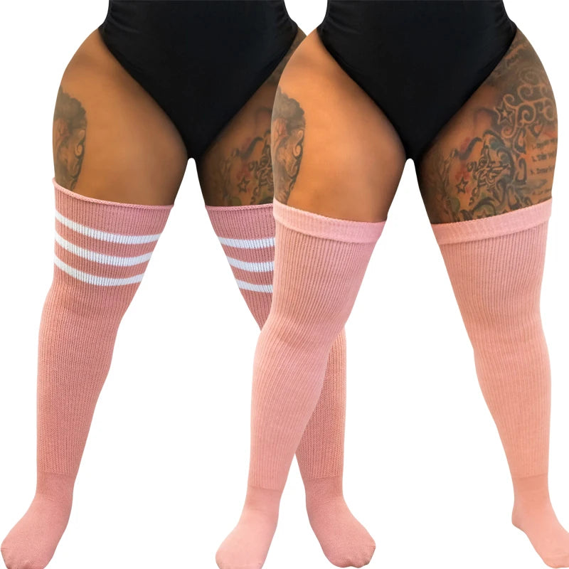Women's Striped Plus Size Thick Thigh-High Socks Collection Big Girls Acrylic Yarn Stretch Colorful Streaks Leg Warmer Socks
