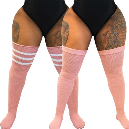 Women's Striped Plus Size Thick Thigh-High Socks Collection Big Girls Acrylic Yarn Stretch Colorful Streaks Leg Warmer Socks