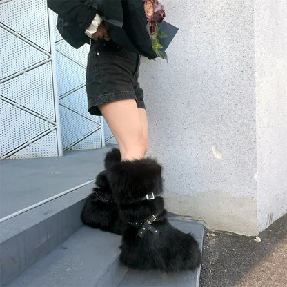 Faux Fur Knee-High Boot Round Toe Height Increasing Wild Winter Warmer Belt Buckle Slip-On Fashion Luxury Sexy Women Shoe Newest