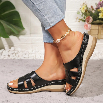 Women Wedge Slippers Vintage Anti-Slip Leather Slippers Premium Orthopedic Sandals Casual Platform Retro Shoes Home Slides Women