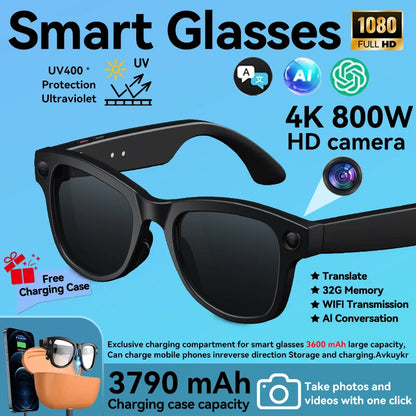 4K 800W HD Camera AI Smart Glasses Men Record Video 3790mAh Battery Languages Translation 3D Music Player Glasses With Camera