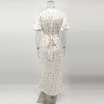 TARUXY Stylish Printed Maxi Dress Women Elegant Slim V-Neck Short-Sleeve Evening Dress Summer New Casual Commuter Female Dress