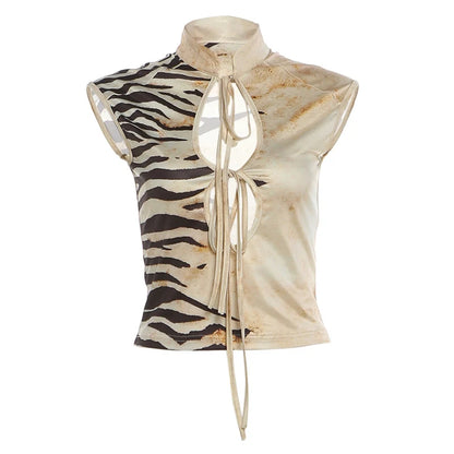 Kliou Tiger Stripes Print Tank Tops Woman Summer Trend Stand Collar Hollow Shirring Design Hot Girls Street Wild Style Vests