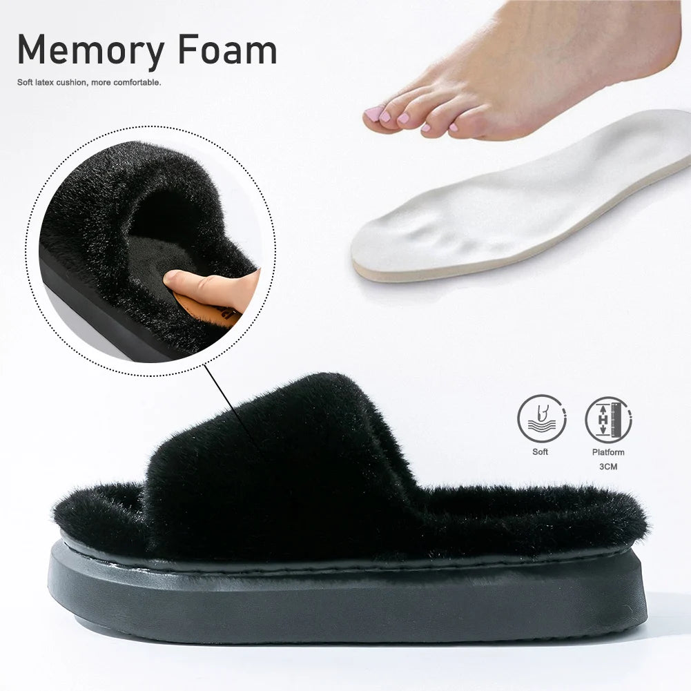 Fur Slippers Women Platform EVA Soles Memory Foam Winter Cozy Open Toe Breathable Living Room Shoes Luxury