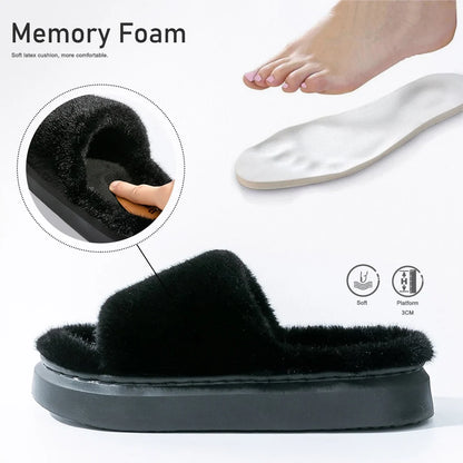 Fur Slippers Women Platform EVA Soles Memory Foam Winter Cozy Open Toe Breathable Living Room Shoes Luxury
