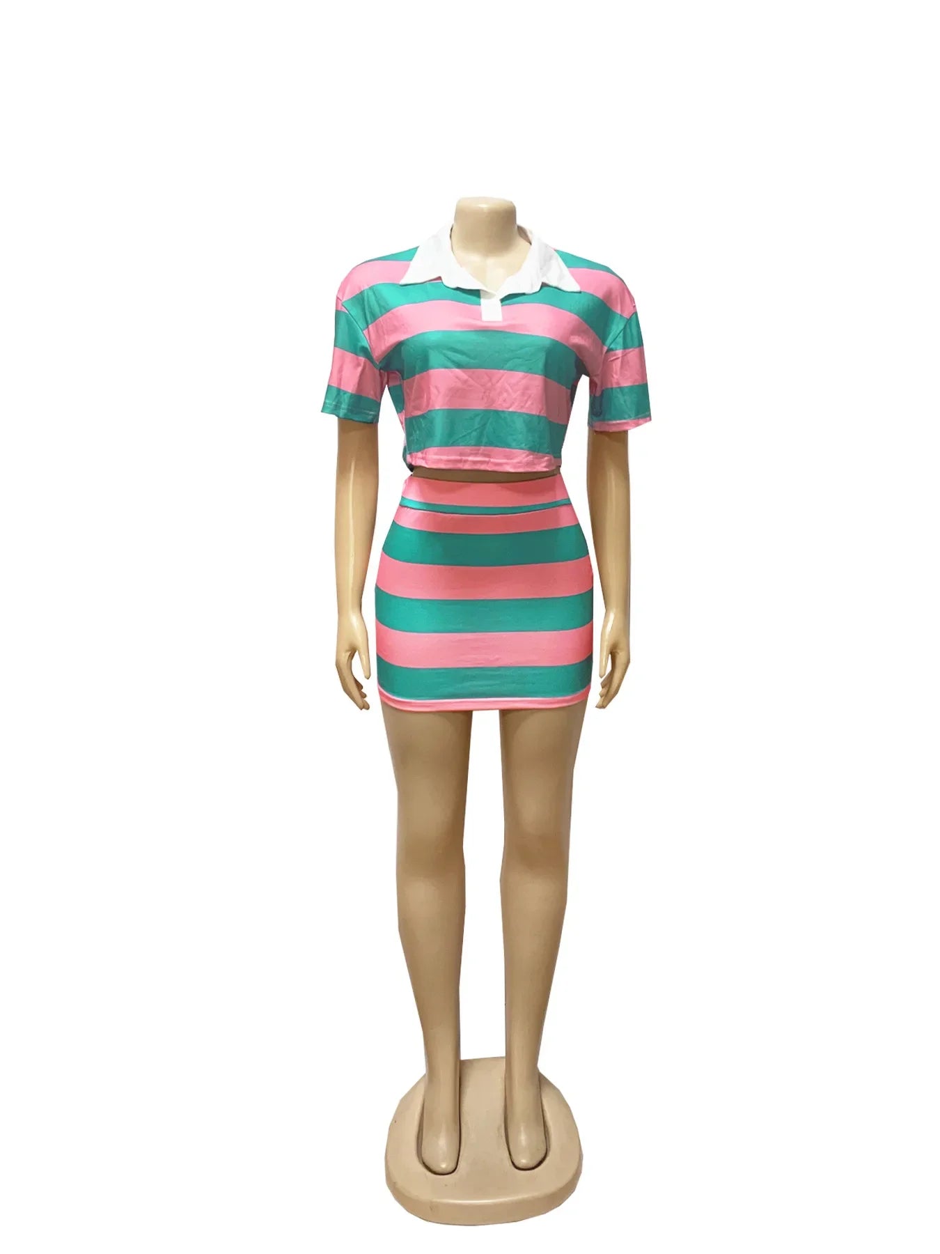 Fashionable Women's Stripe Color Block Shortie Set TW683-1 Bicolor Collar Crop Top with Skirt Polyester Fiber Knee-Length