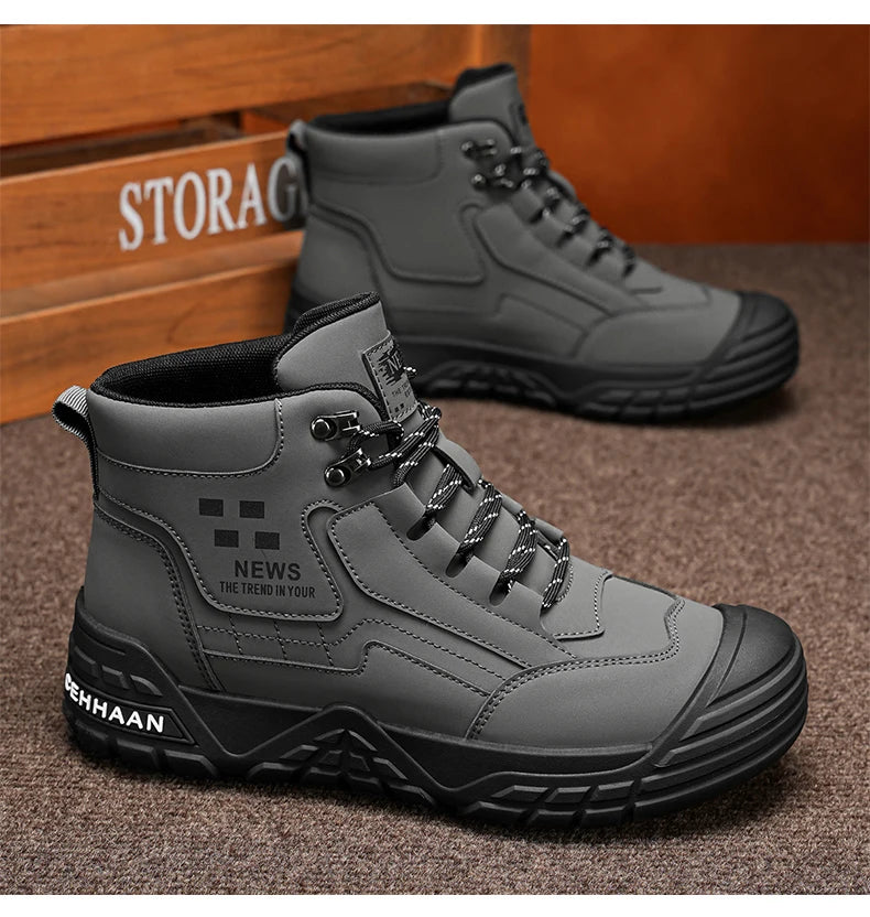 Original Black Leather Ankle Boots For Men Outdoor Non-slip Work Boots Men's Motorcycle Boots Platform High Top Bikers Shoes Man