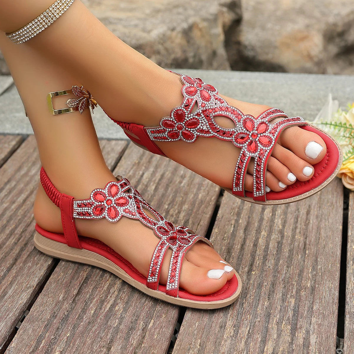 Red Rhineston Floral Elastic Band Sandals for Woman Luxury Crystal Bohemian Vacation Slippers Women Wedge Plus Size 36-43 Shoes