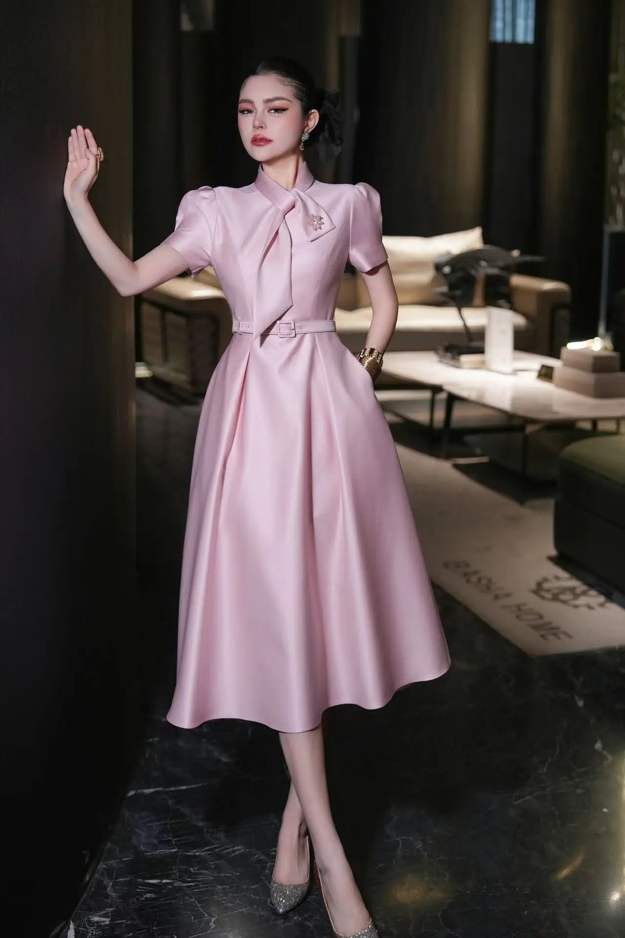 ZJYT Sweet Pink Bow Collar Dress for Women Short Sleeve Midi Formal Party Aline Vestidos Elegant Spring Summer Designer 2025 New