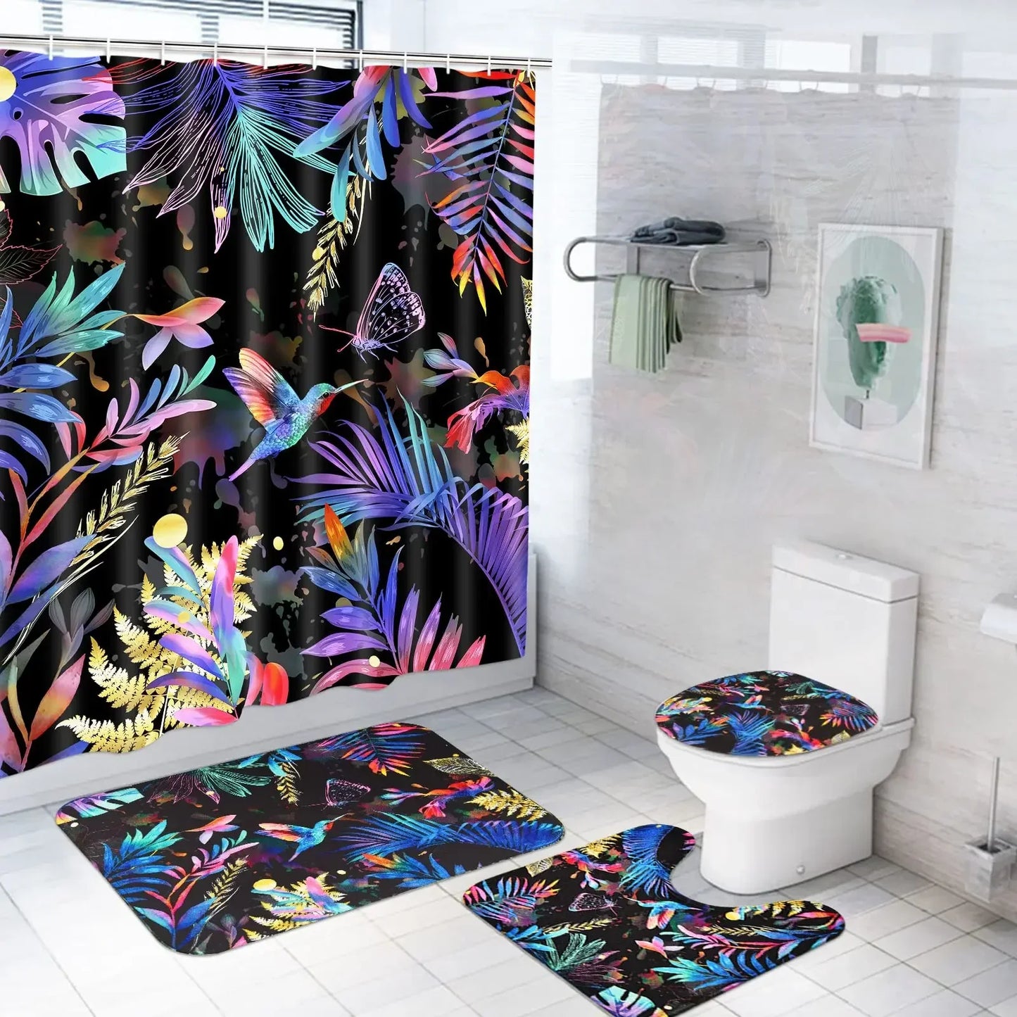 Banana Leaf Shower Curtain Set Non-Slip Rug Bathroom Accessories Tropical Palm Plant    Botanical Floral Green