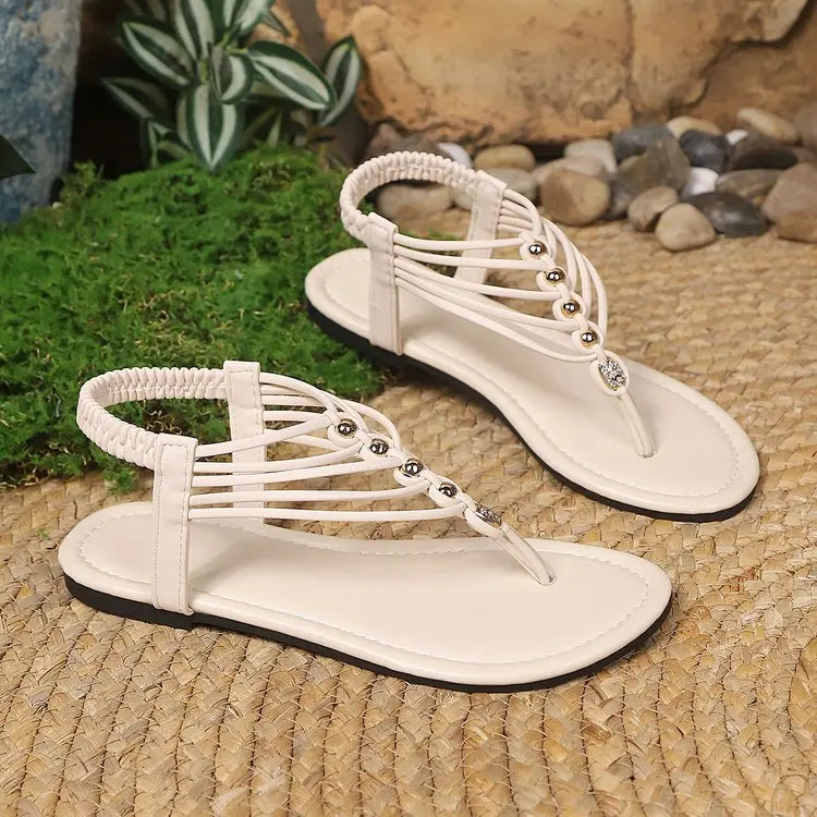 Women Sandals T-Strap Toe Roman Beach Women Shoes Large Size Slip-On Sandals Women New Summer Elastic Strap Flat Bottom Shoes