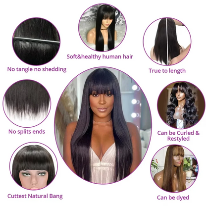 3x1 Human Hair Wigs 220% Density Bone Straight HD Lace Wig With Bangs Full Machine Made Fringe Wigs For Women 30 inch