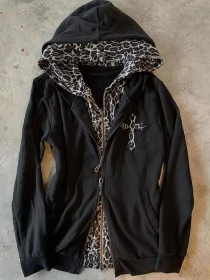 American street hot girl retro print black classic zipper hoodie women's y2k hip-hop trend temperament slim design jacket