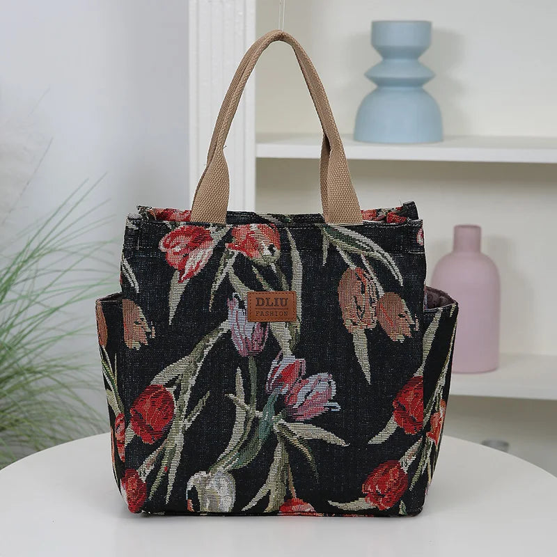 New Thickened Knitted Tote Bag, Floral Pattern Retro Large Capacity Handbag for Work  tote bag Shopping Daily Use School Commute
