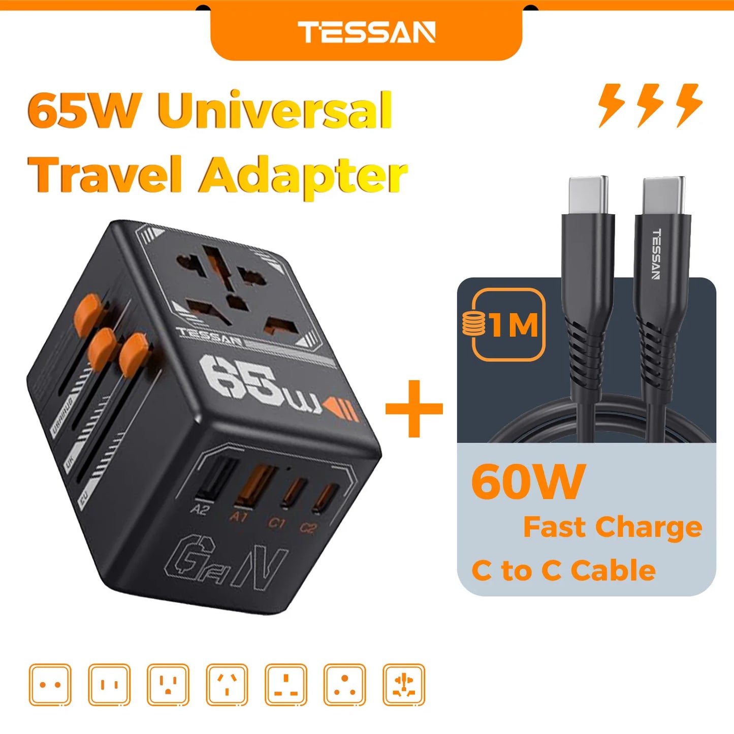TESSAN 35W/65W/100W GaN Universal Travel Adapter with USB Ports Type C Fast Charging Power Adapter EU/UK/USA/AUS Plug for Travel