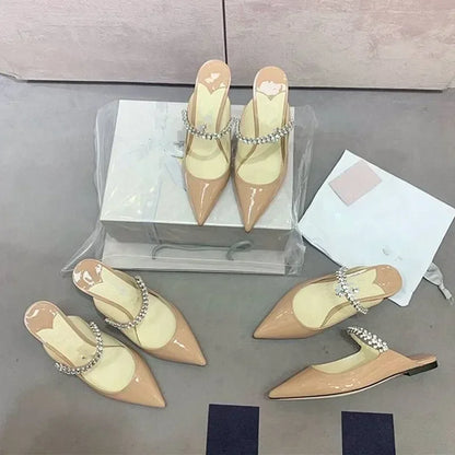 2025 New Fashionable Fine Heeled Muller Shoes with Pointed Water Diamond Chain Banquet Shallow Mouth Women's High Heel Sandals