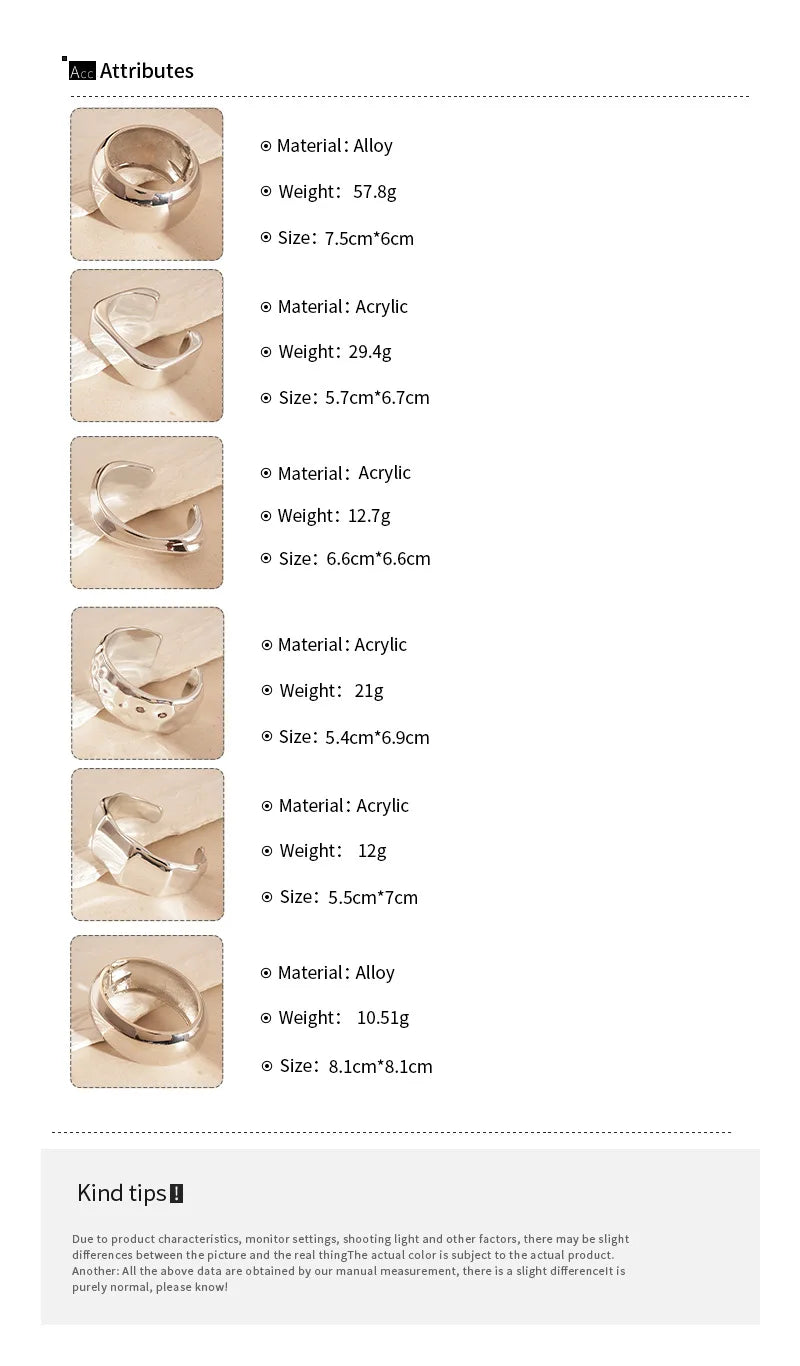 Punk Silver Color Acrylic Cuff Bracelet for Women Men Geometric Round Wide Bracelets Bangles Party Hand Accessories Gifts F