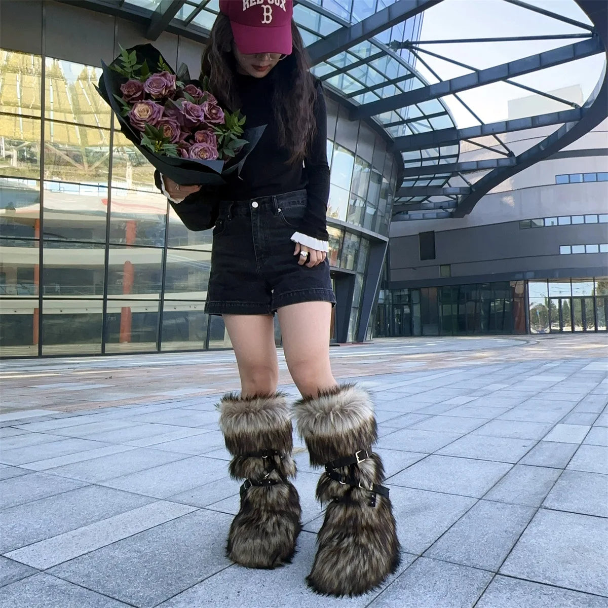 Faux Fur Knee-High Boot Round Toe Height Increasing Wild Winter Warmer Belt Buckle Slip-On Fashion Luxury Sexy Women Shoe Newest