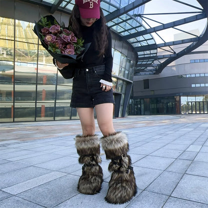 Faux Fur Knee-High Boot Round Toe Height Increasing Wild Winter Warmer Belt Buckle Slip-On Fashion Luxury Sexy Women Shoe Newest