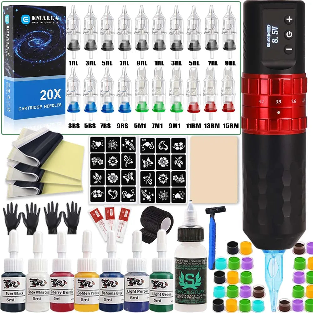Professional Wireless Tattoo Kit 7 Stroke Tattoo Machine Sets EMALLA Cartridge Needles Transfer Paper Skins for Tattoo Beginners