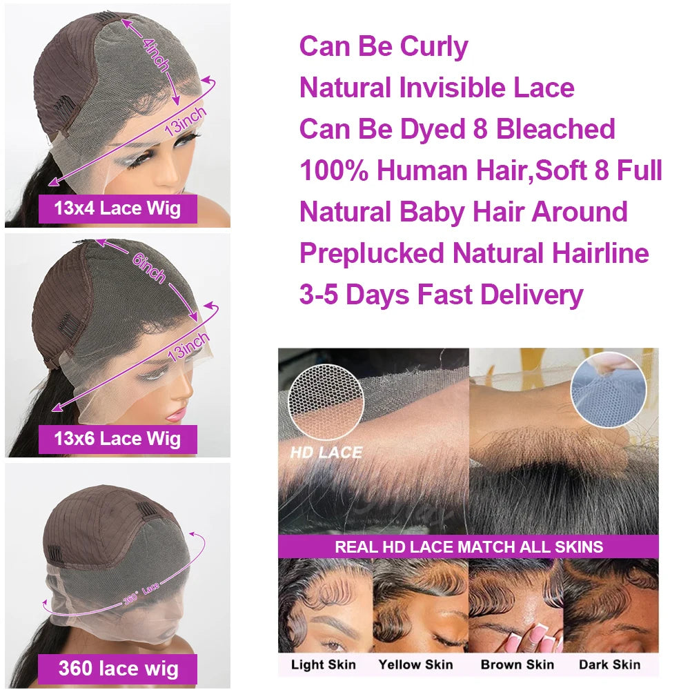 40 46 Inch Hd Transparent Lace Wig 13x6 13x4 Bone Straight Human Hair Brazilian 360 Full Lace Frontal Wigs For Women 300 Density