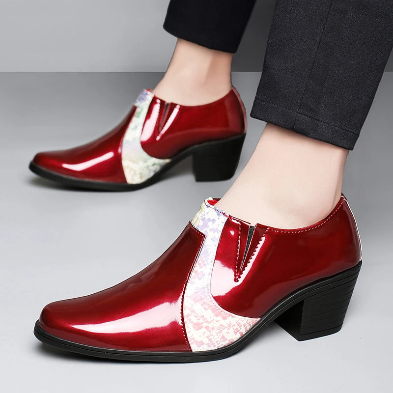Black Pu Leather Business Dress High Heel Men's Shoes Pointed Toe Slip-on Elegant Party Wedding Shoes Thick Bottom Plus Size
